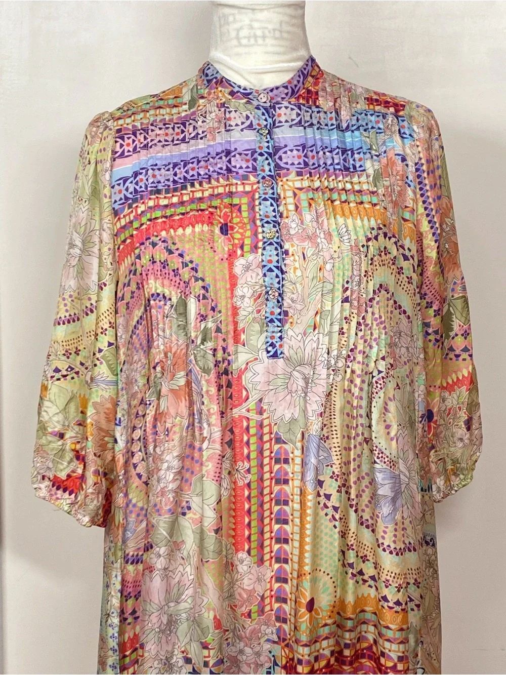 Johnny Was Garden Mosaic Tile Britta Floral Silk Midi-Dress size S - Picture 7 of 15